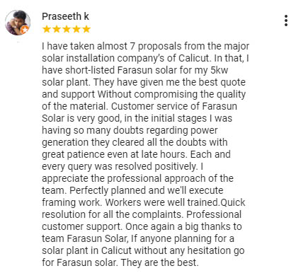 client reviews on solar roof-top projects. best solar panel installation company in Kerala.